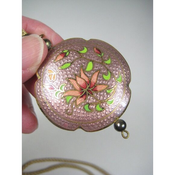 Vintage Lotus Floral Enamel Pendant Necklace 28 inch Goldtone Braided Cord - Picture 7 of 13